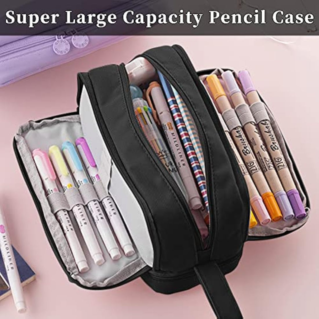 Tesmien Large Pencil Case | 4-Compartment Canvas Stationery Bag - Black