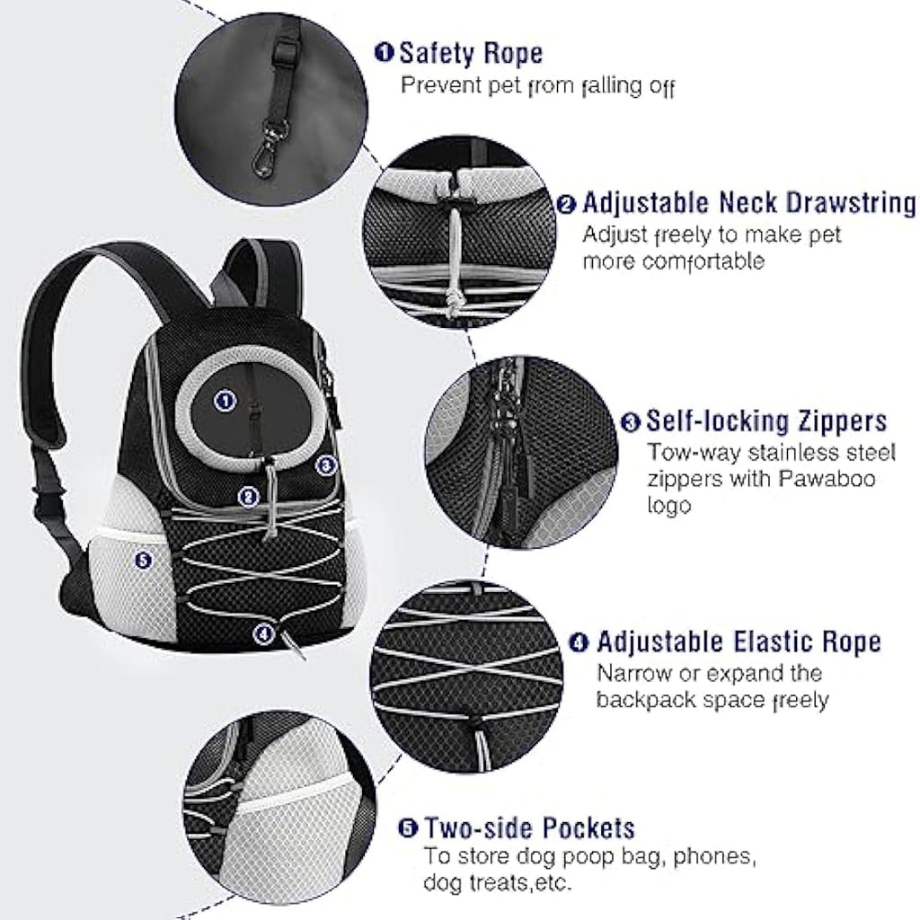 Pawaboo Pet Dog Carrier Backpack | Breathable Mesh Front Pack - Black