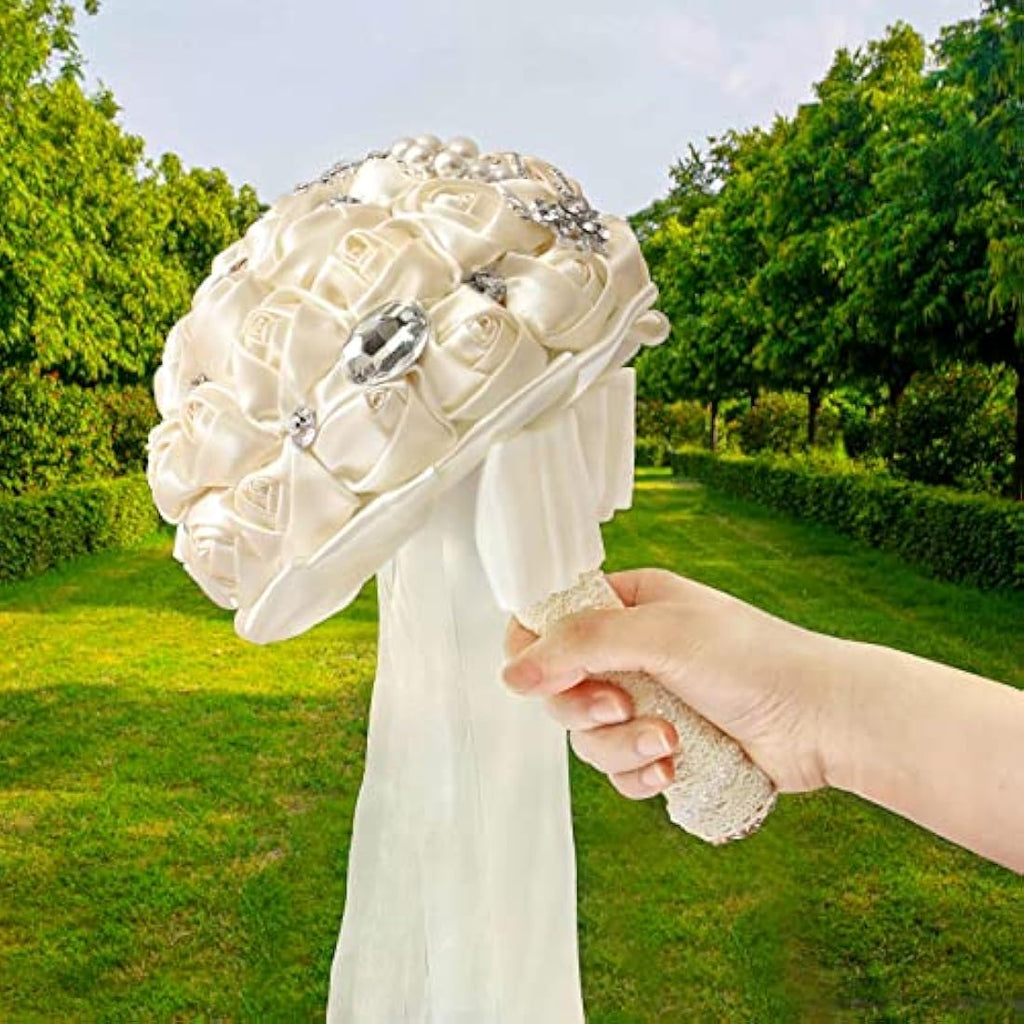 Jolof Store Satin Rose Bridal Bouquet – Diamond & Pearl Wedding Flowers