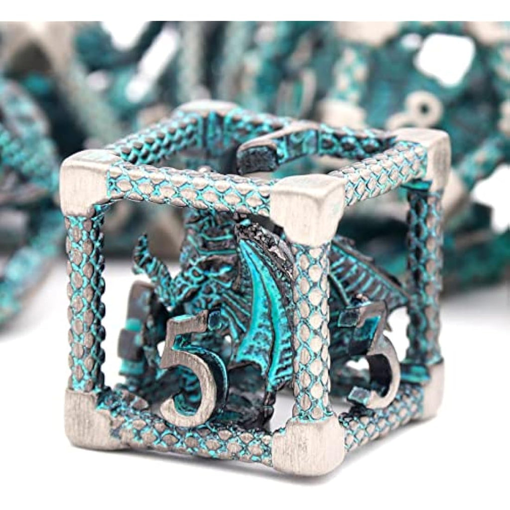 Hollow Metal Dragon D&D Dice Set | Silver Blue Polyhedral