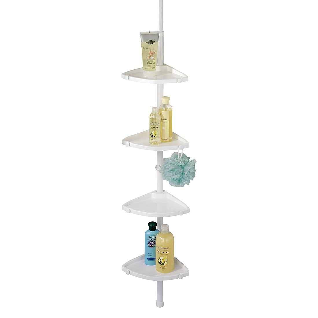 WENKO Telescopic Shower Corner Element - 4 Shelves & Hooks, White Aluminium