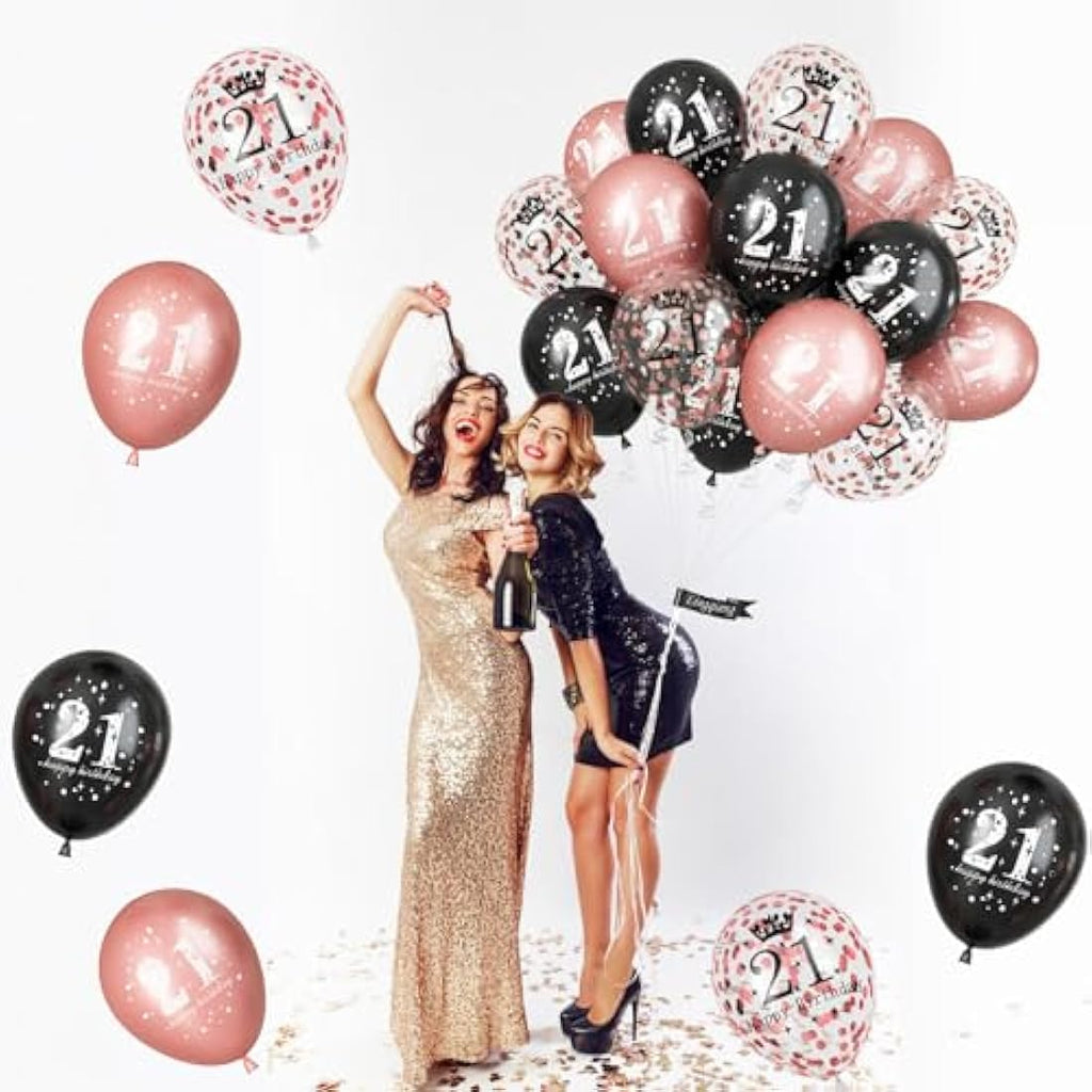 21st Birthday Balloons – 15 Pcs Rose Gold & Black Latex