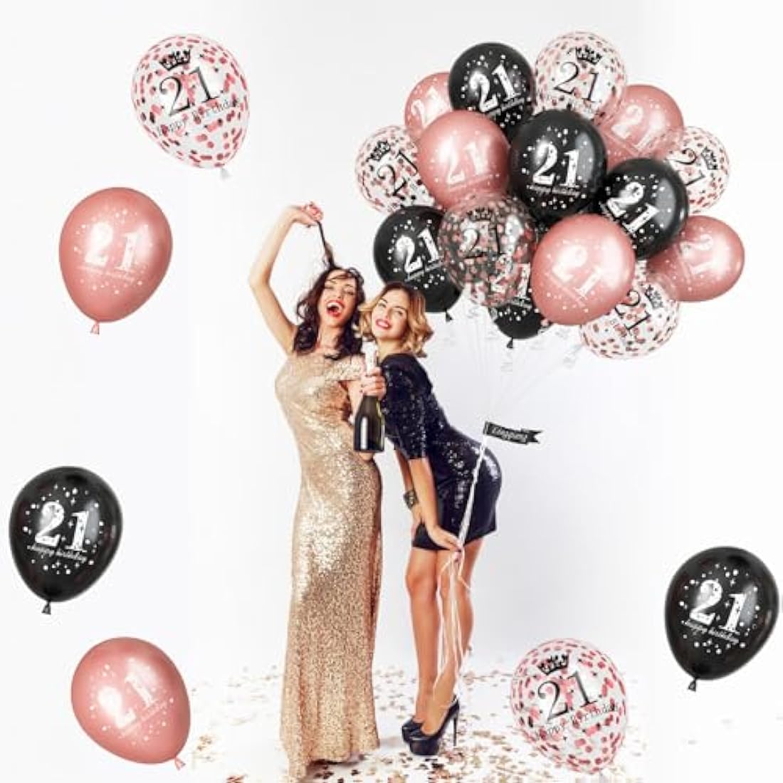 21st Birthday Balloons – 15 Pcs Rose Gold & Black Latex