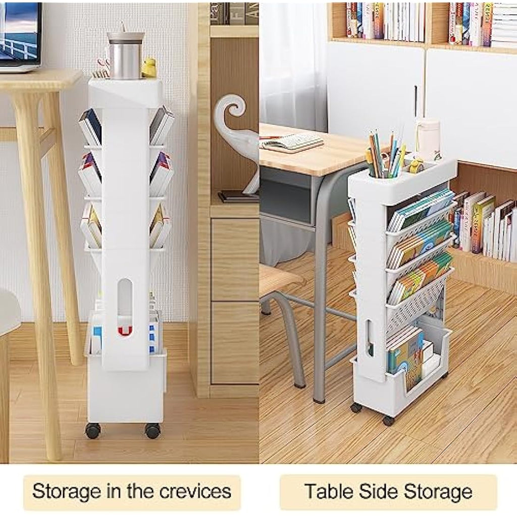 Jolof Store Mobile Bookshelf - Rolling Storage Cart with Wheels, White