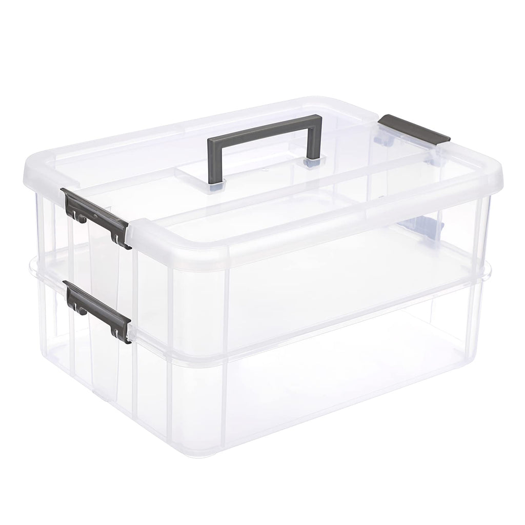 IGNPION 2-Tier Stackable Craft Storage Box Plastic Adjustable Storage Containers with Carry Handle Transparent Containers Organiser for Art & Craft - image 1