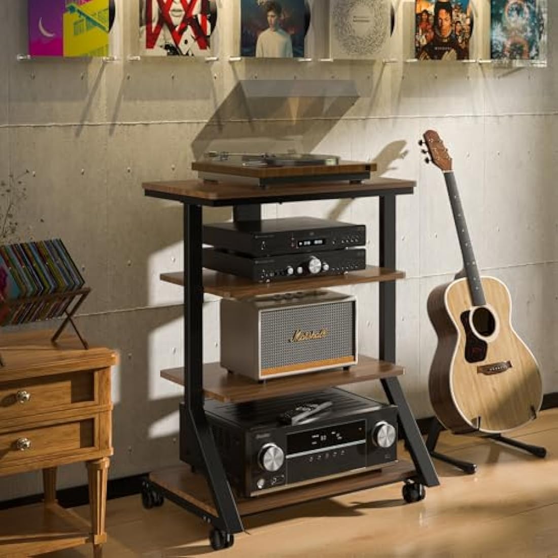 5Rcom 4-Tier HiFi Audio Rack | Rolling Wood Media Stand for Turntables