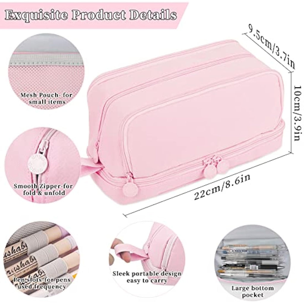 Tesmien Large Pencil Case | 4-Compartment Canvas Stationery Bag - Pink