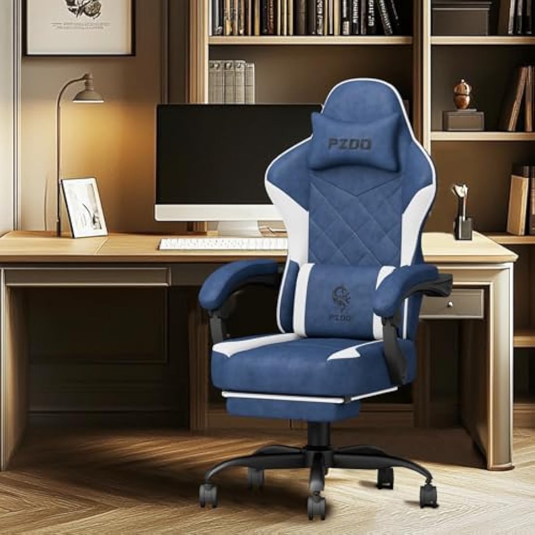 PZDO Ergonomic Gaming Chair with Footrest | Breathable Tech Fabric – Blue