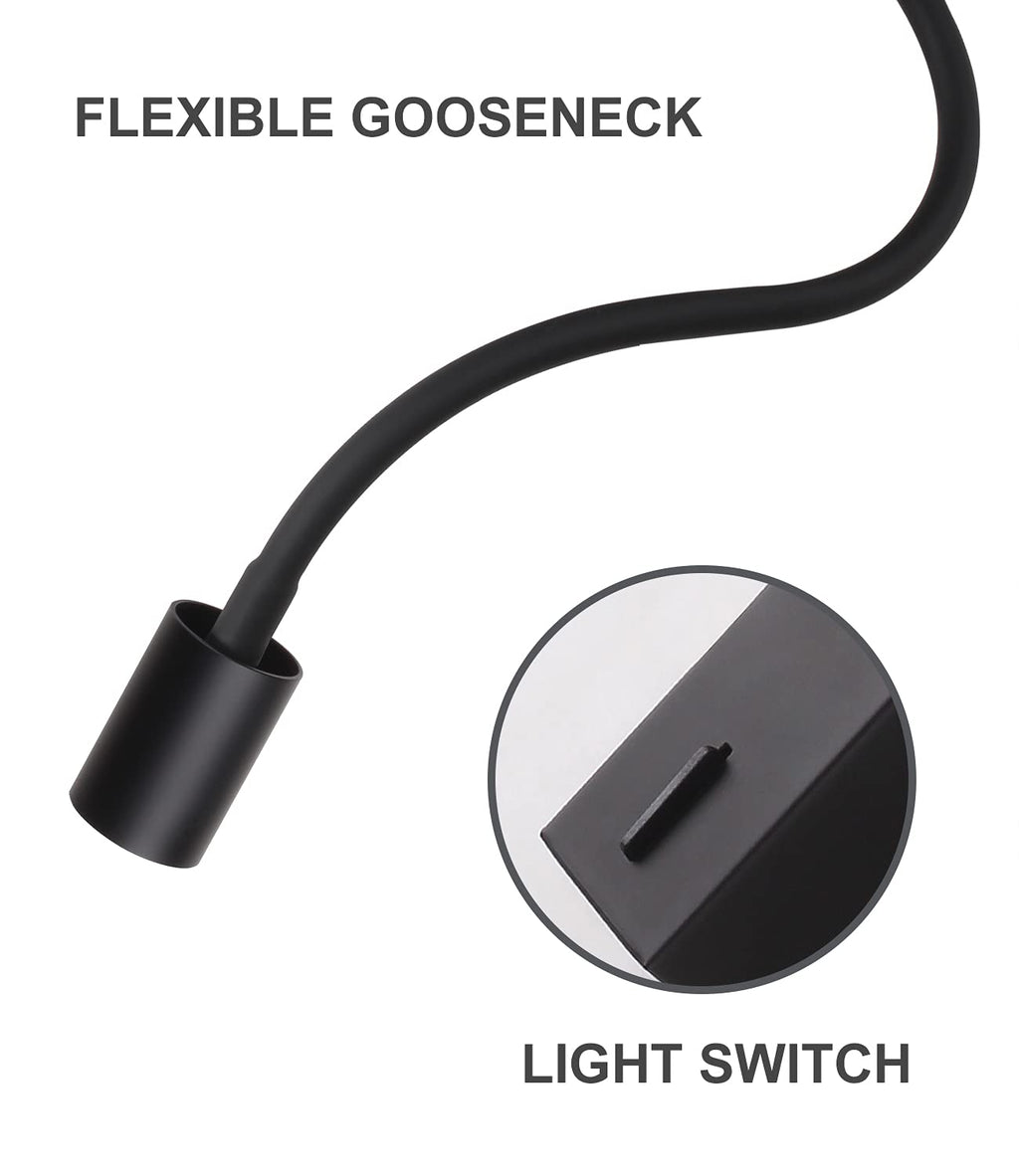DAWALLIGHT 5W LED Gooseneck Reading Light | Black Wall Mounted Bedside Lamp