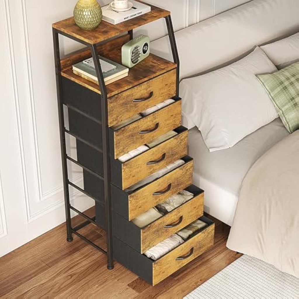 6-Drawer Fabric Dresser – Rustic Brown Tall Storage Chest
