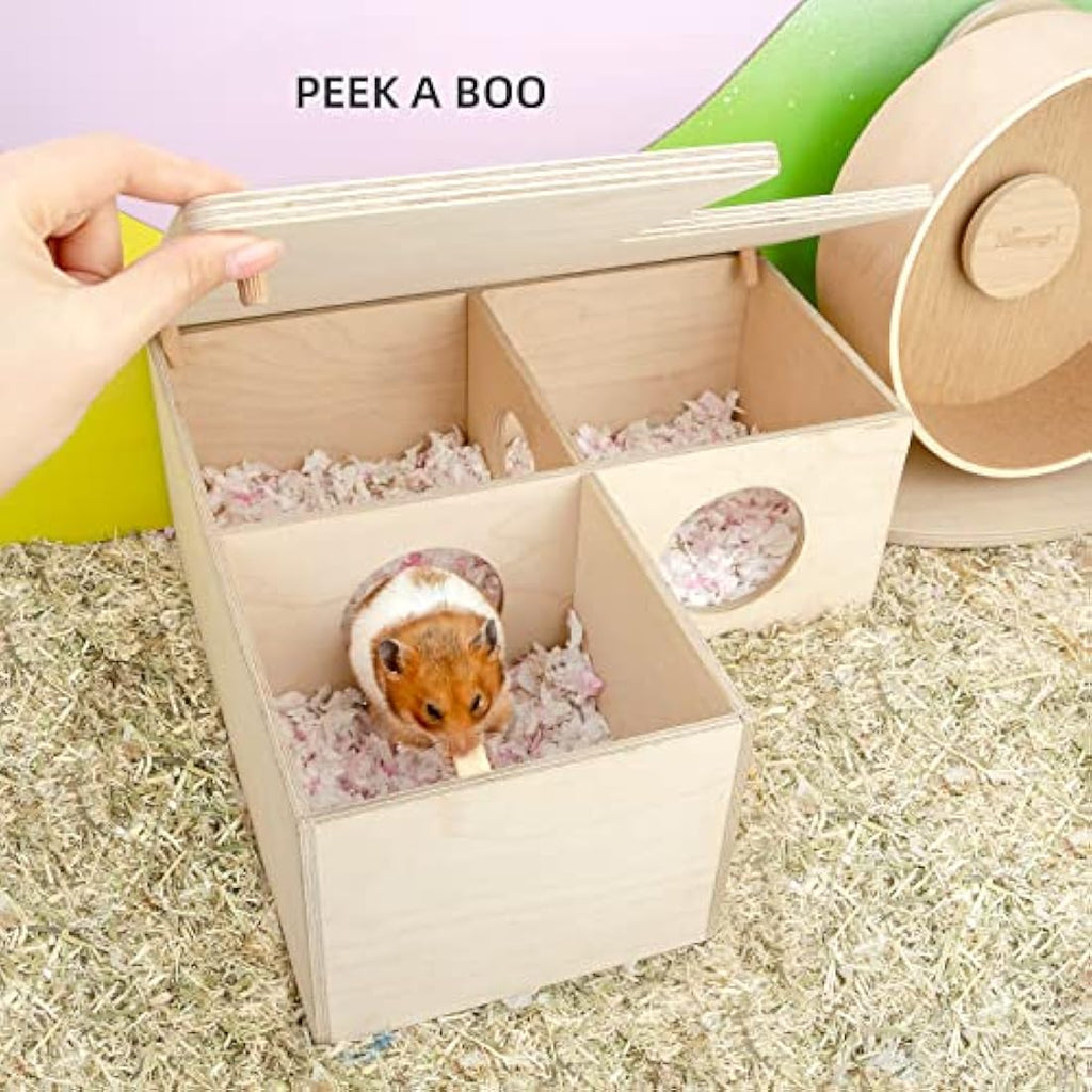 Niteangel 3-Chamber Hamster House Maze – Birch Wood Syrian Hamster Hideout