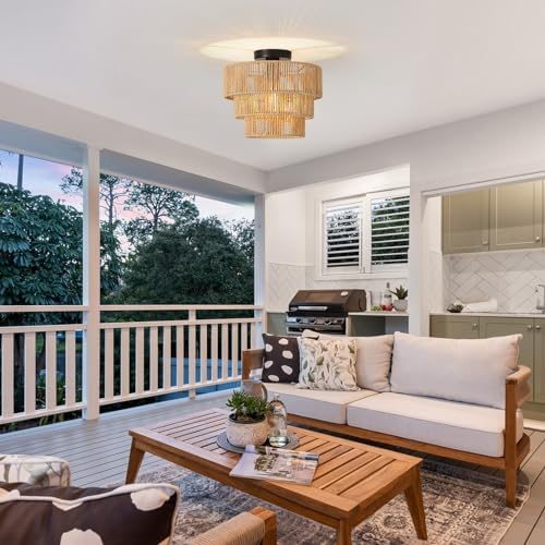 FORCOSO 3-Layer Rattan Ceiling Light – Boho Handwoven E27 Chandelier
