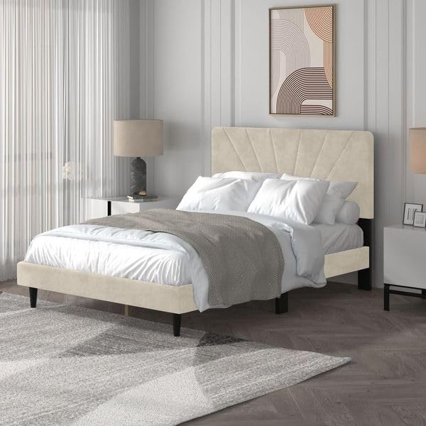 Galano Rhea Upholstered Double Bed – Beige Fabric Frame with Headboard