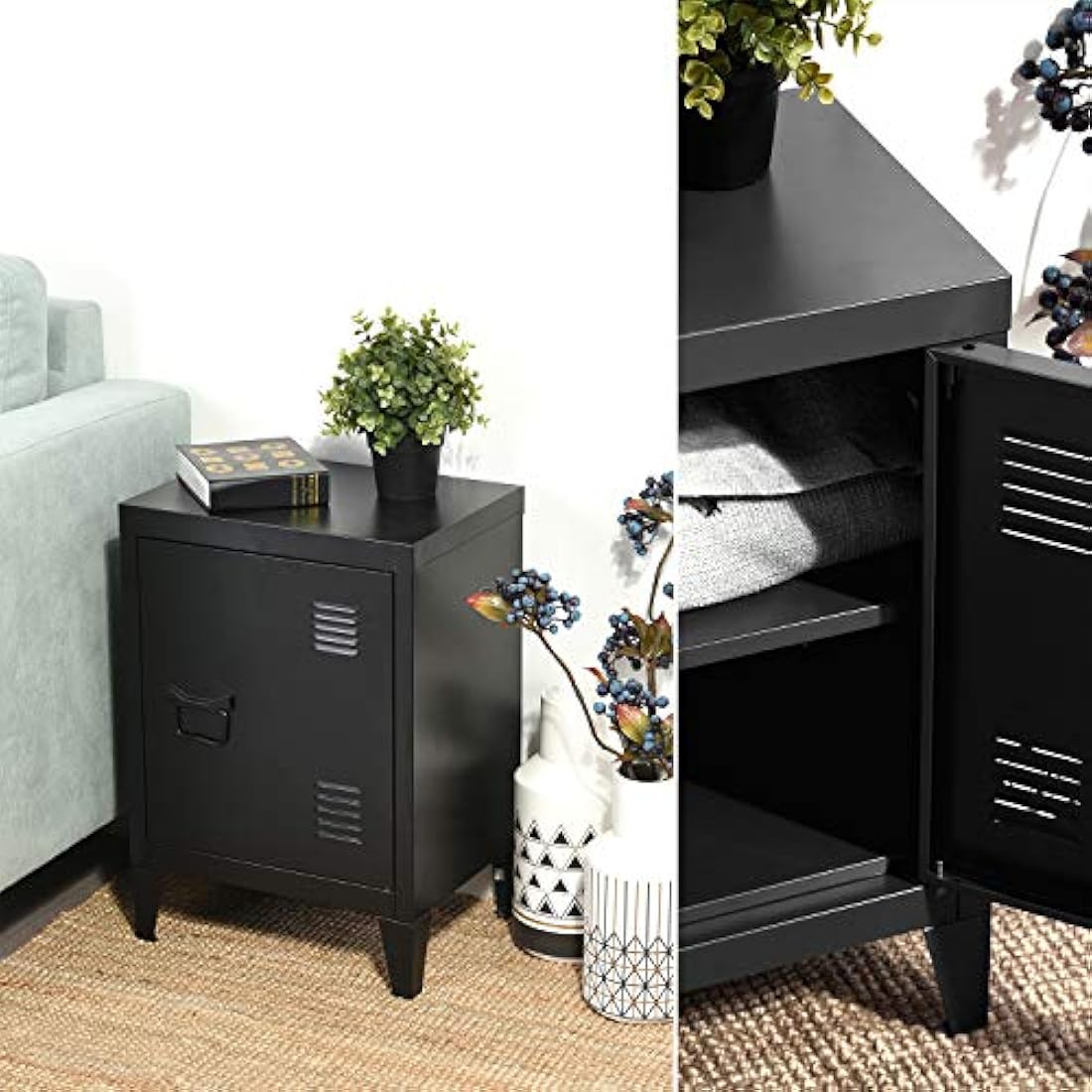 Homybec Metal Locker Storage Cabinet | 2-Tier Industrial Nightstand, Black