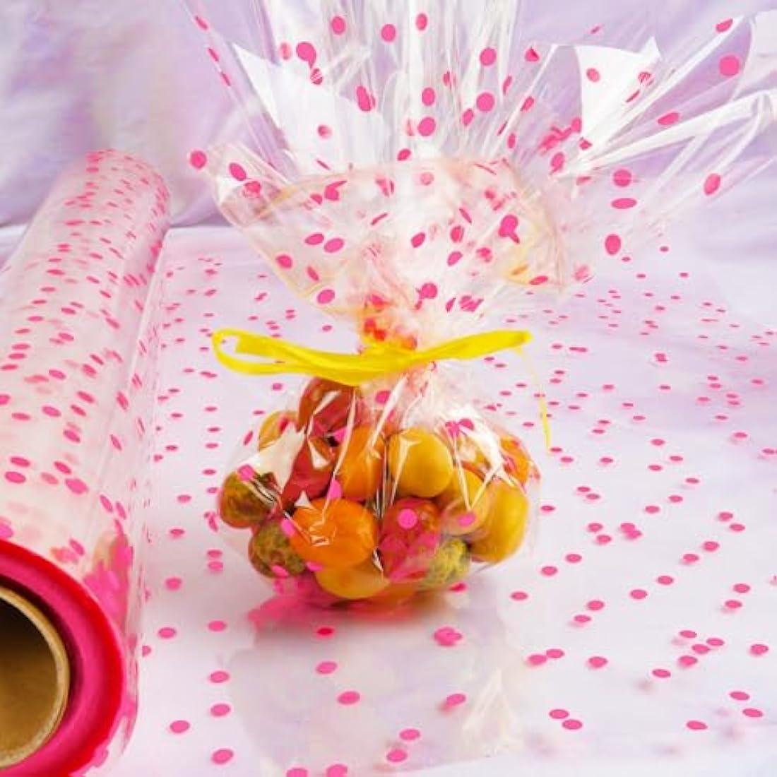 Jolof Store Pink Polka Dot Clear Cellophane Wrap Roll - 34in x 100ft