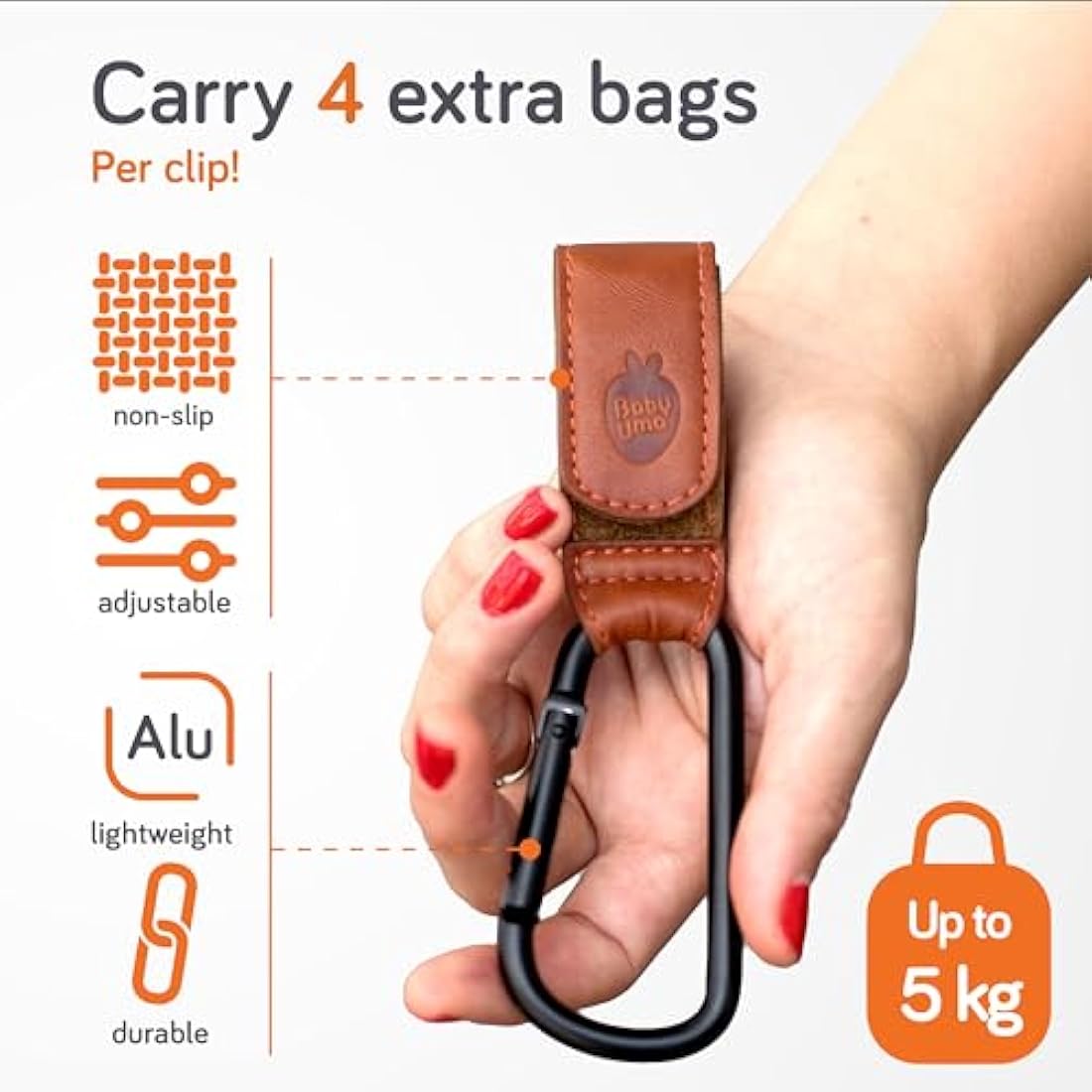 Baby Uma Faux Leather Buggy Clips – Universal Pram Hooks (2 Pack) Camel
