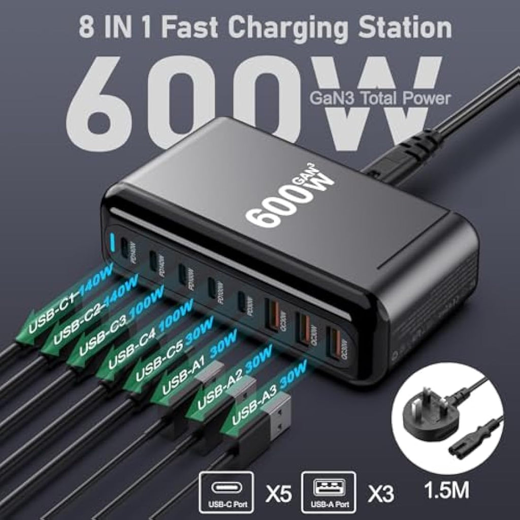 Jolof Store 600W 8-Port GaN3 USB C Fast Charging Station for Laptops