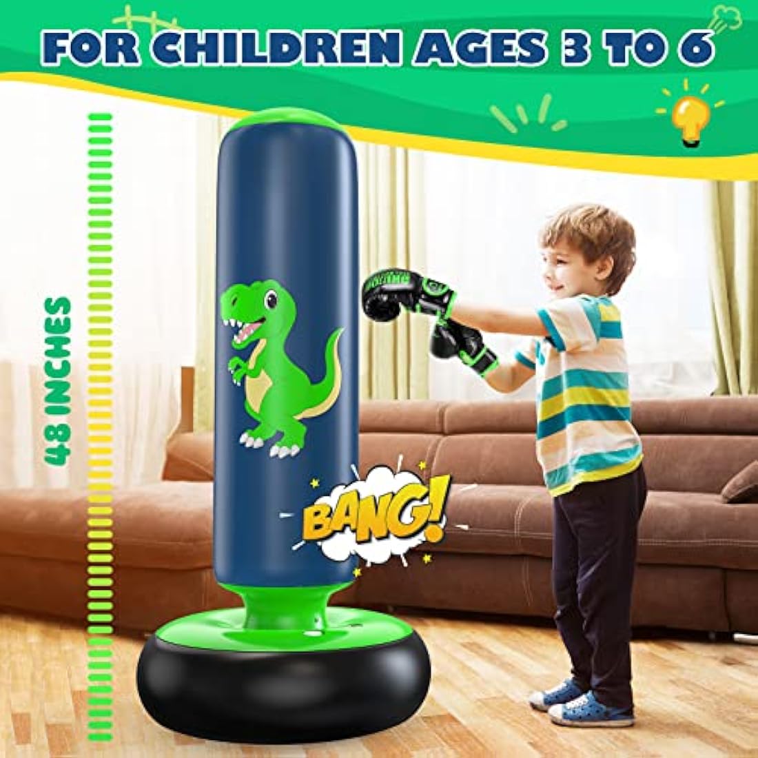 QPAU Kids Inflatable Dinosaur Punching Bag Set with Gloves for Ages 3-8