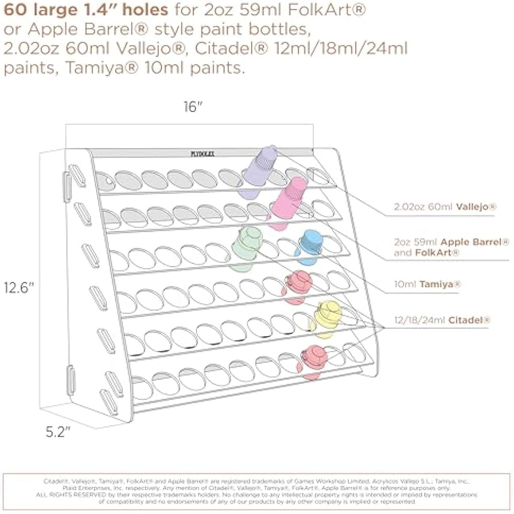 Plydolex Acrylic Citadel Paint Rack Organizer - 60 Hole Wall-Mounted Shelf