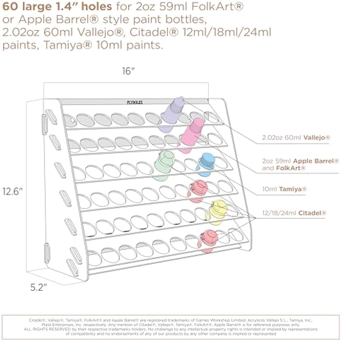 Plydolex Acrylic Citadel Paint Rack Organizer - 60 Hole Wall-Mounted Shelf