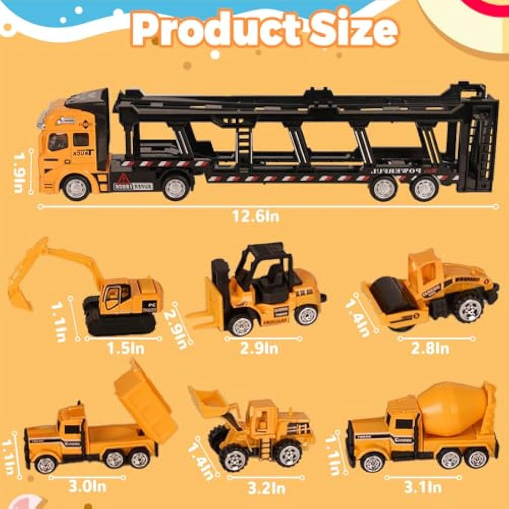 7-in-1 Construction Truck Toy Set | Diecast Pull Back Vehicles