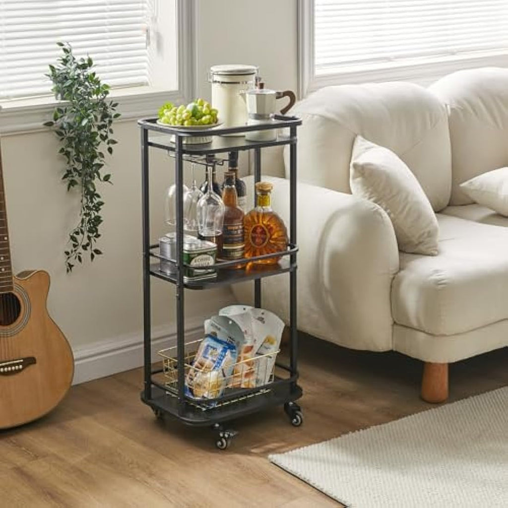 IBUYKE 3-Tier Rolling Bar Cart – Rustic Brown Kitchen Serving Trolley
