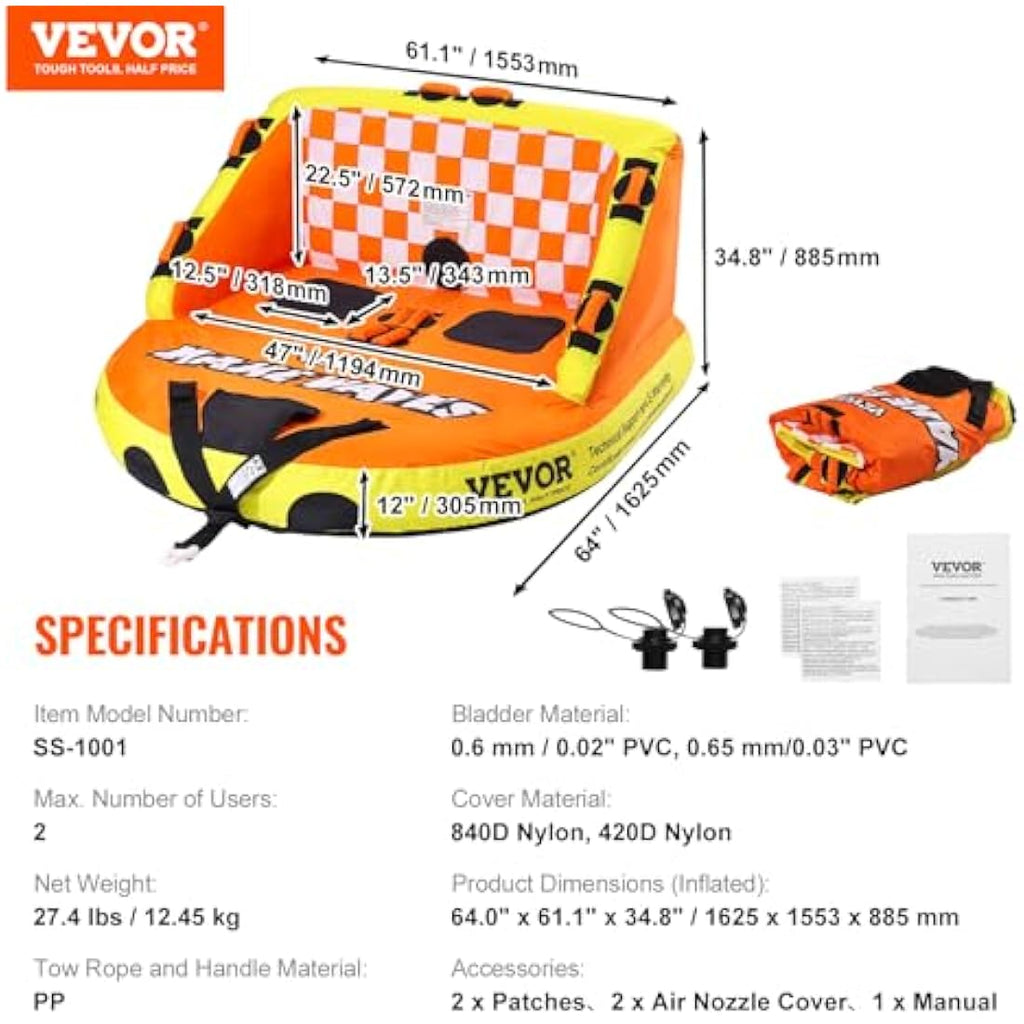 VEVOR 1-2 Person Towable Tube for Boating | Inflatable Deck Seat Tube