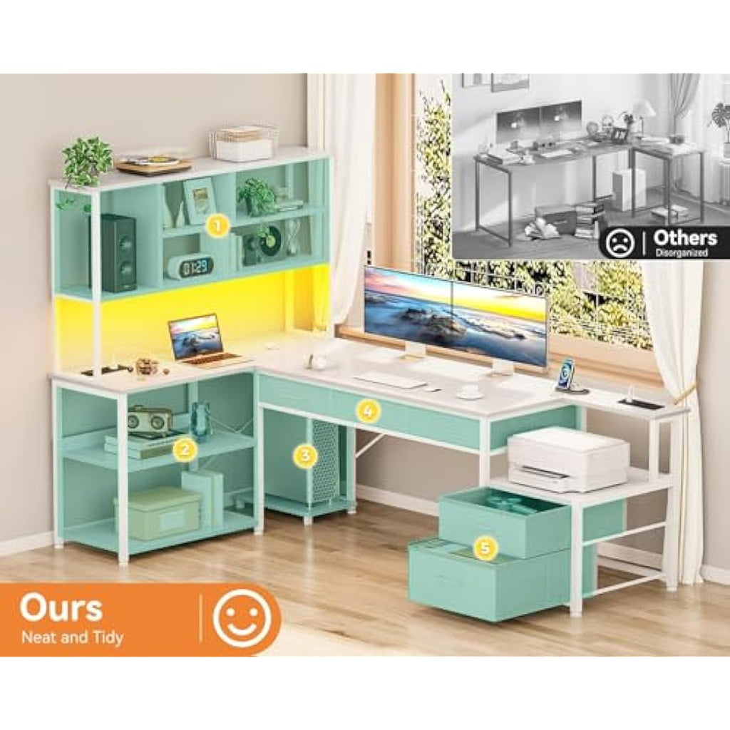 Coleshome L-Shaped Desk with Drawers, LED Lights & Power Outlets - White