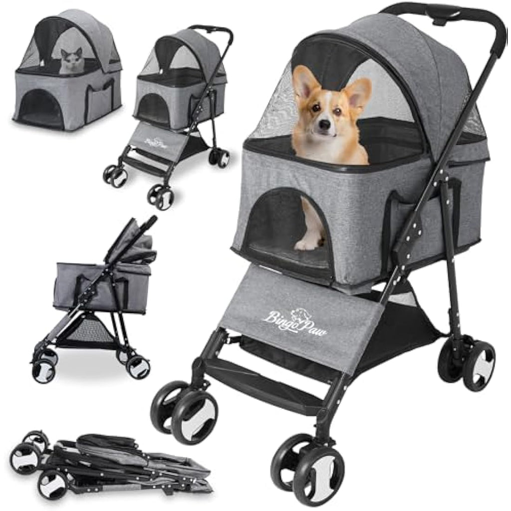 Bingopaw Foldable Pet Stroller | 4-Wheel Dog & Cat Pram with Rain Cover