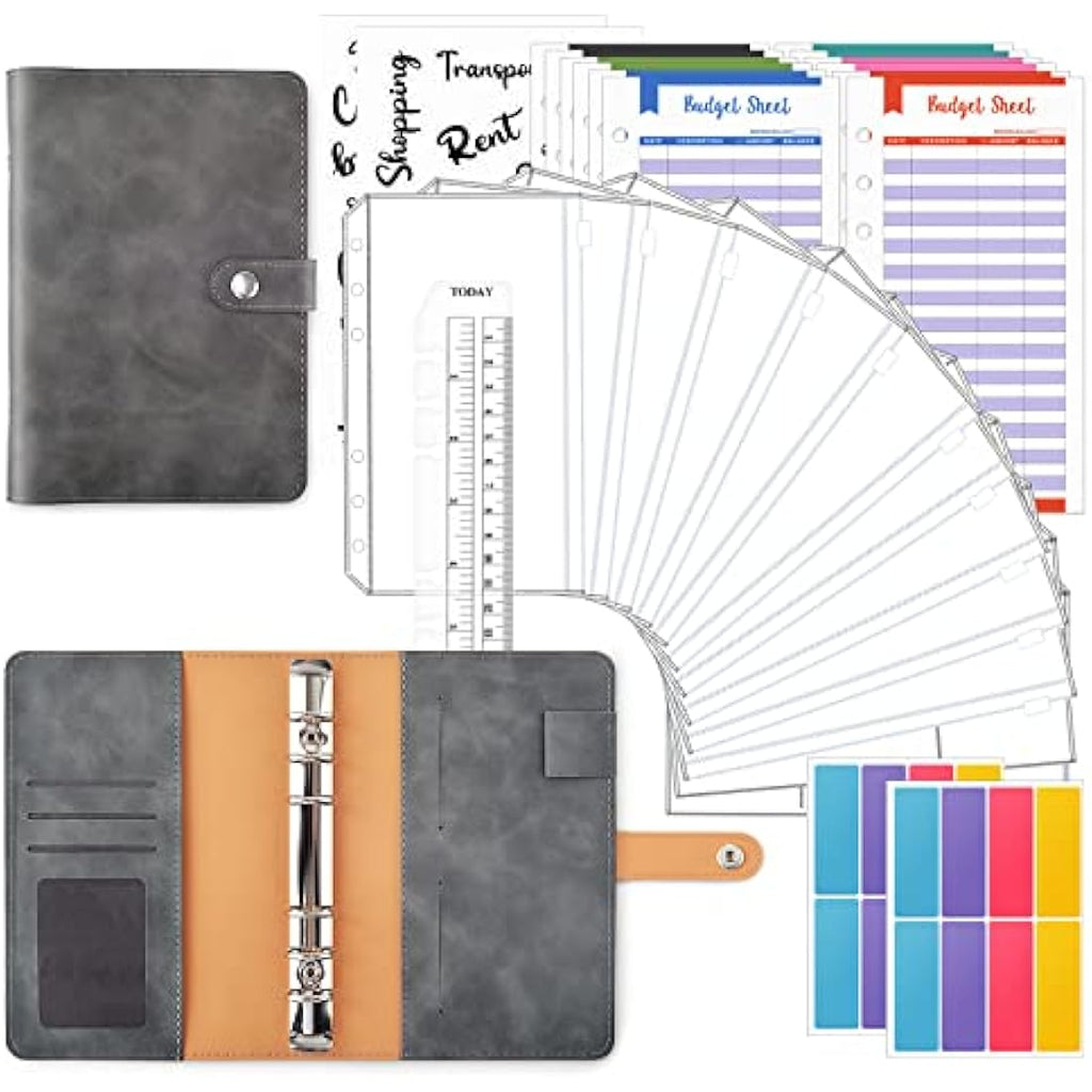 TOYESS A5 Leather Budget Binder - 30 Piece Cash Envelope System, Grey