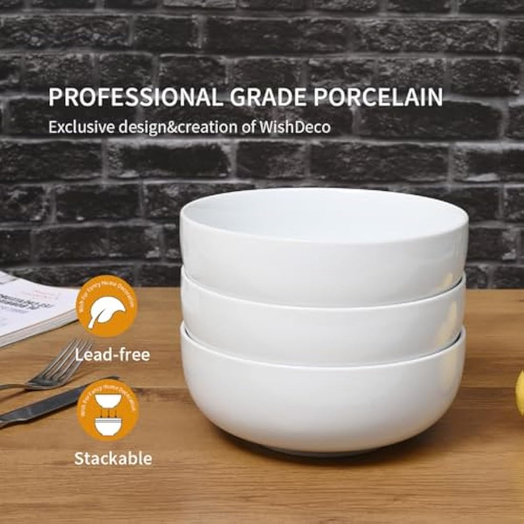 WishDeco Large Ceramic Soup Bowls - 1100ml White Salad Bowl Set of 3