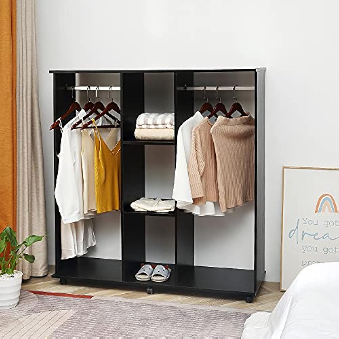 HOMCOM Double Open Wardrobe on Wheels | Mobile Garment Rack with Shelves
