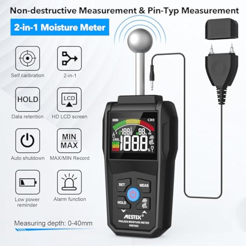 MESTEK 2-in-1 Moisture Meter | Pin & Pinless Damp Detector for Wood and Walls