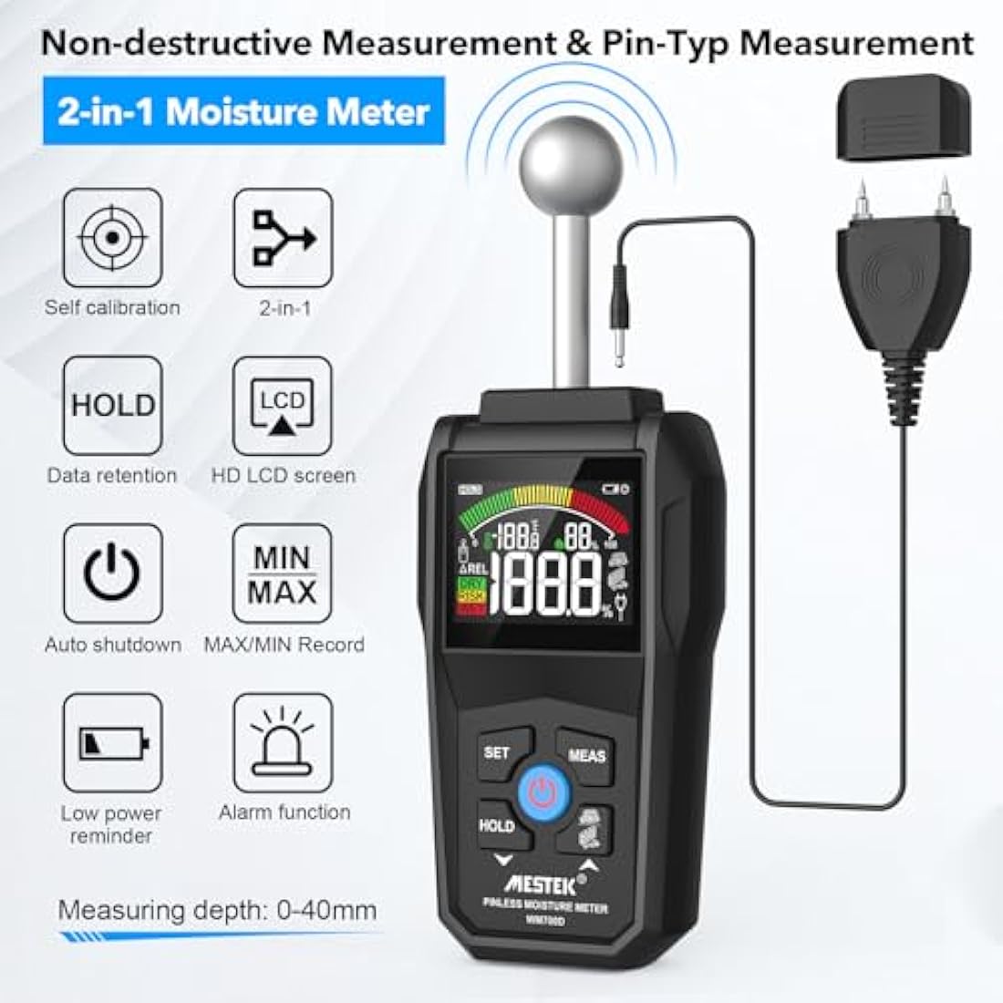 MESTEK 2-in-1 Moisture Meter | Pin & Pinless Damp Detector for Wood and Walls