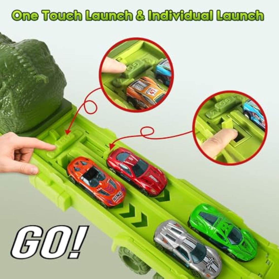 VATOS Dinosaur Transport Truck Toy – Portable Race Track Set with 6 Cars