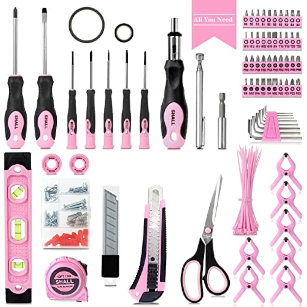 SHALL Pink Tool Set | 246-Piece Home Tool Kit for Women with 14" Bag