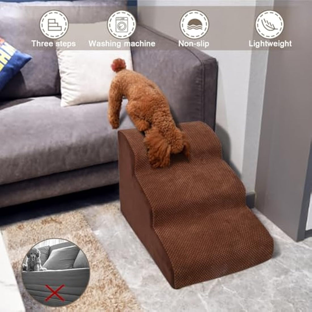 Masthome 3-Step Dog Stairs – Non-Slip Foam Pet Ramp with Washable Cover