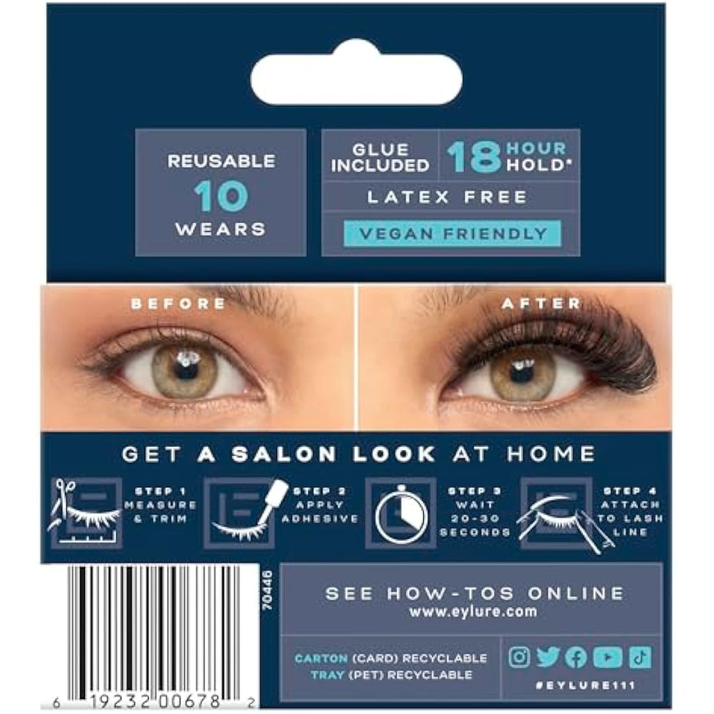 Eylure Volume & Curl No. 111 False Lashes – Black Strip Lashes with Glue