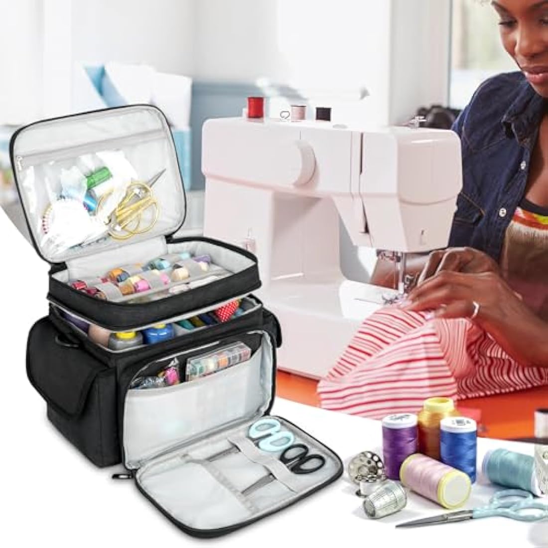 LEFOR·Z Large Sewing Box Organizer - Double Layer Storage Bag, Black