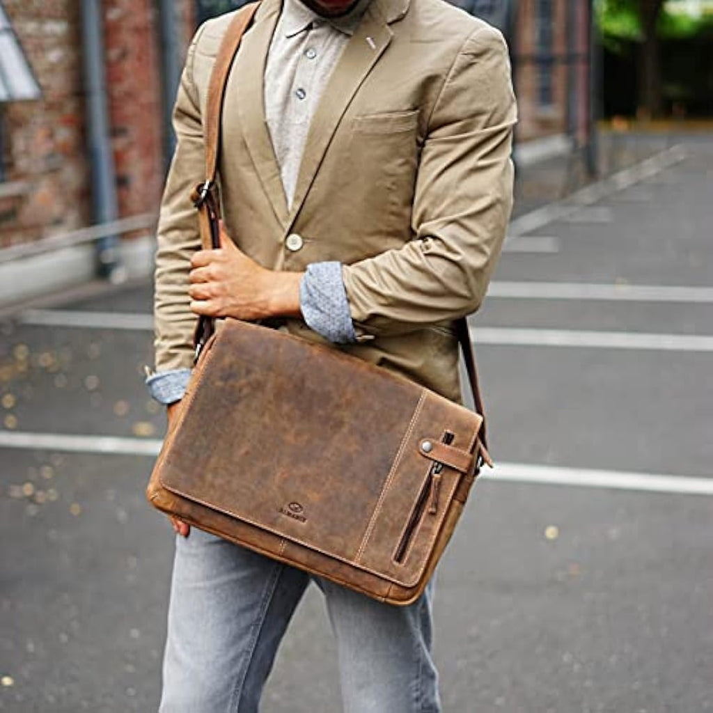ALMADIH Dylan Leather Messenger Bag – 15" Laptop Shoulder Bag in Brown