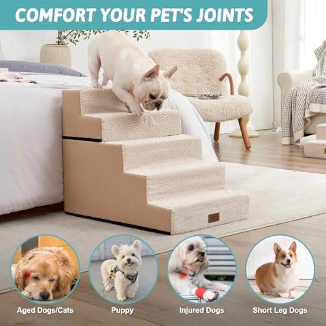 COZY KISS 5-Tier Wide Dog Stairs | Foldable Non-Slip Pet Steps for Bed