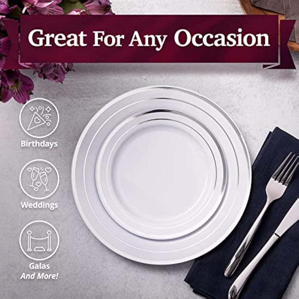 LATERN 60Pcs Silver Rim Plastic Dinnerware Set | Reusable Party Plates