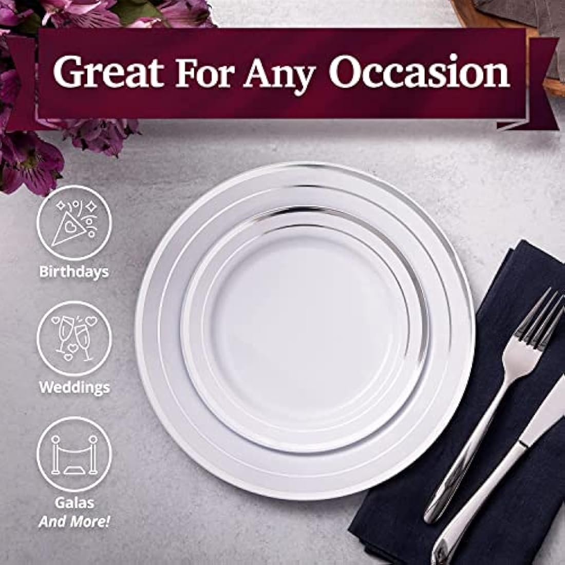 LATERN 60Pcs Silver Rim Plastic Dinnerware Set | Reusable Party Plates