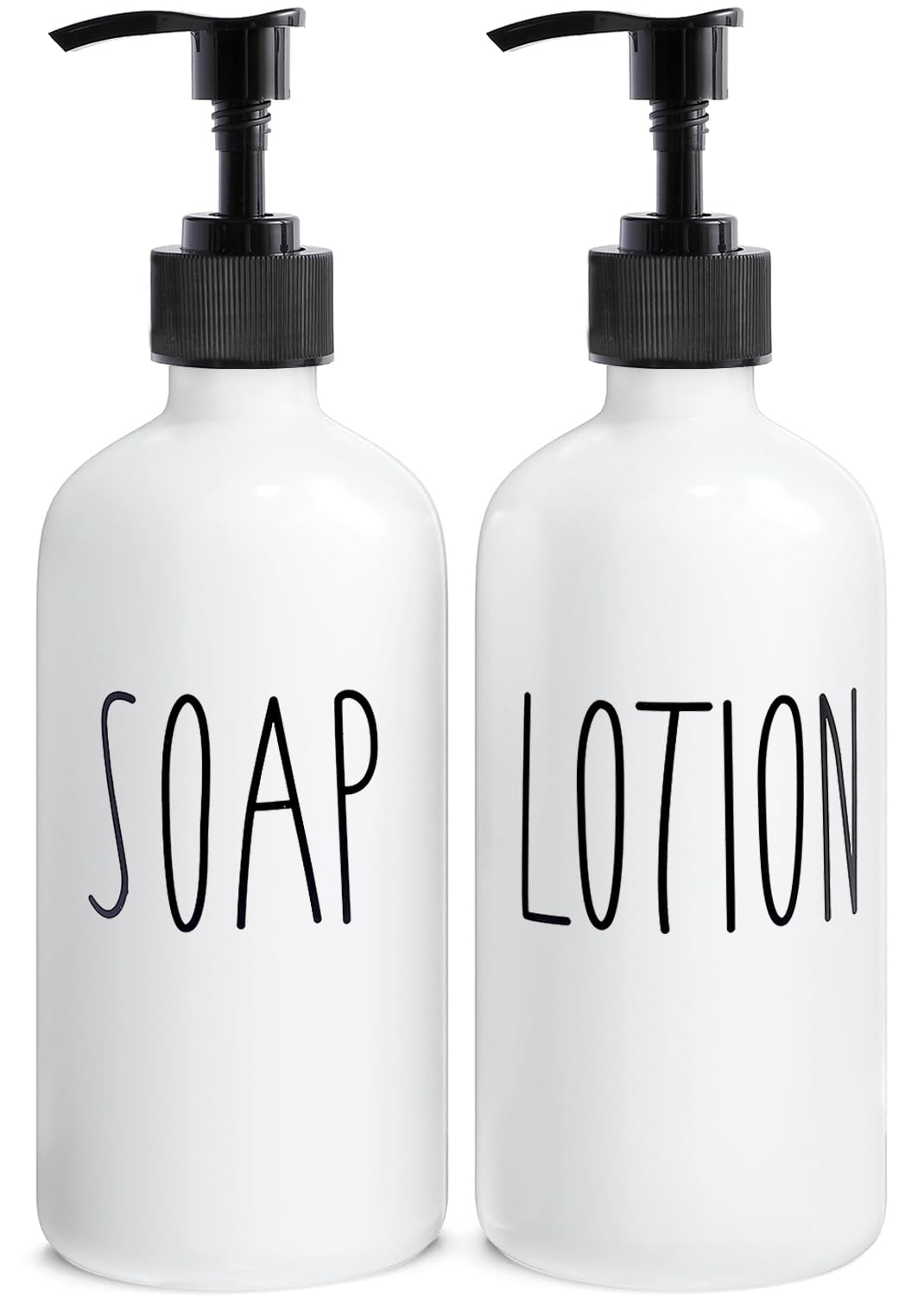 MOMEEMO Glass Soap and Lotion Dispenser Set – White Farmhouse Bathroom Decor