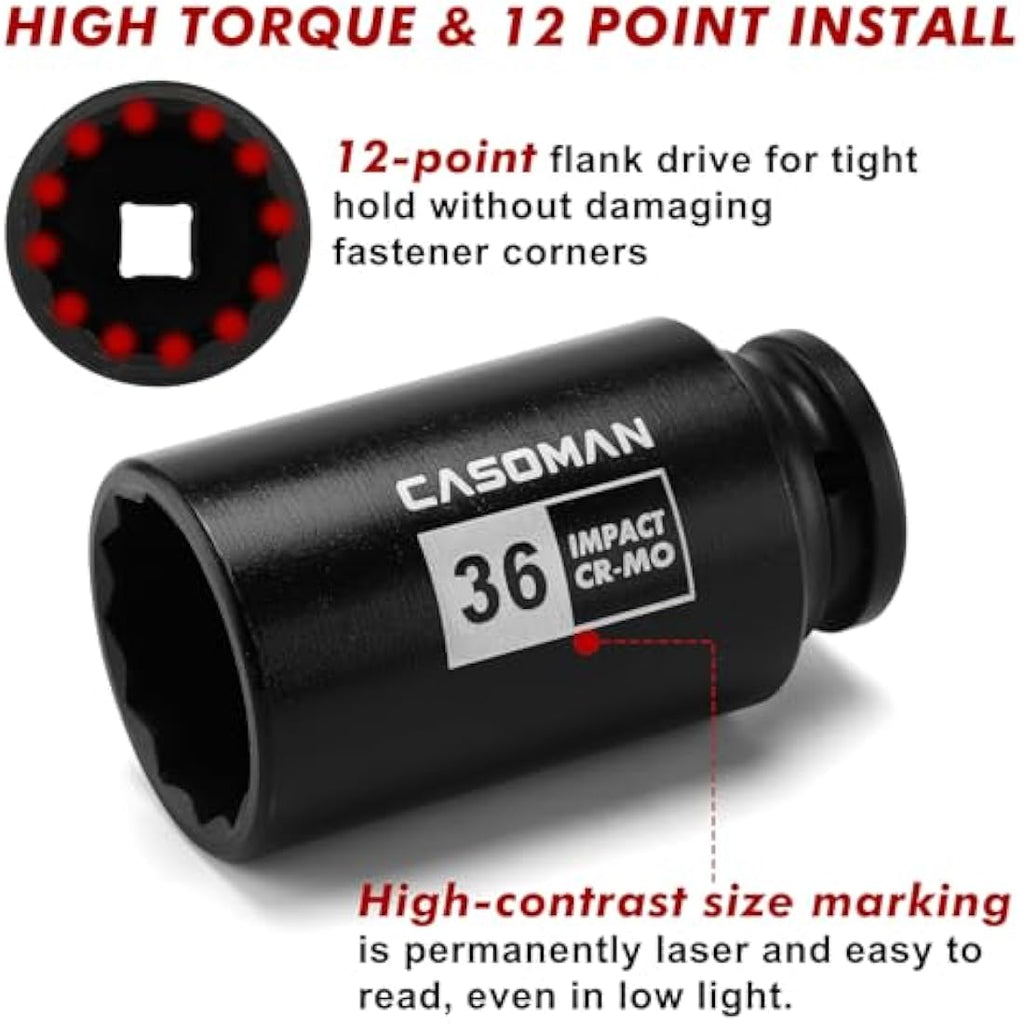 CASOMAN 4pc 1/2" Drive Deep Spindle Axle Nut Impact Socket Set, 12-Point