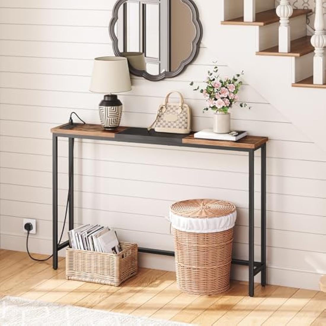 HOOBRO Slim Console Table with Charging Station | Rustic Brown and Black