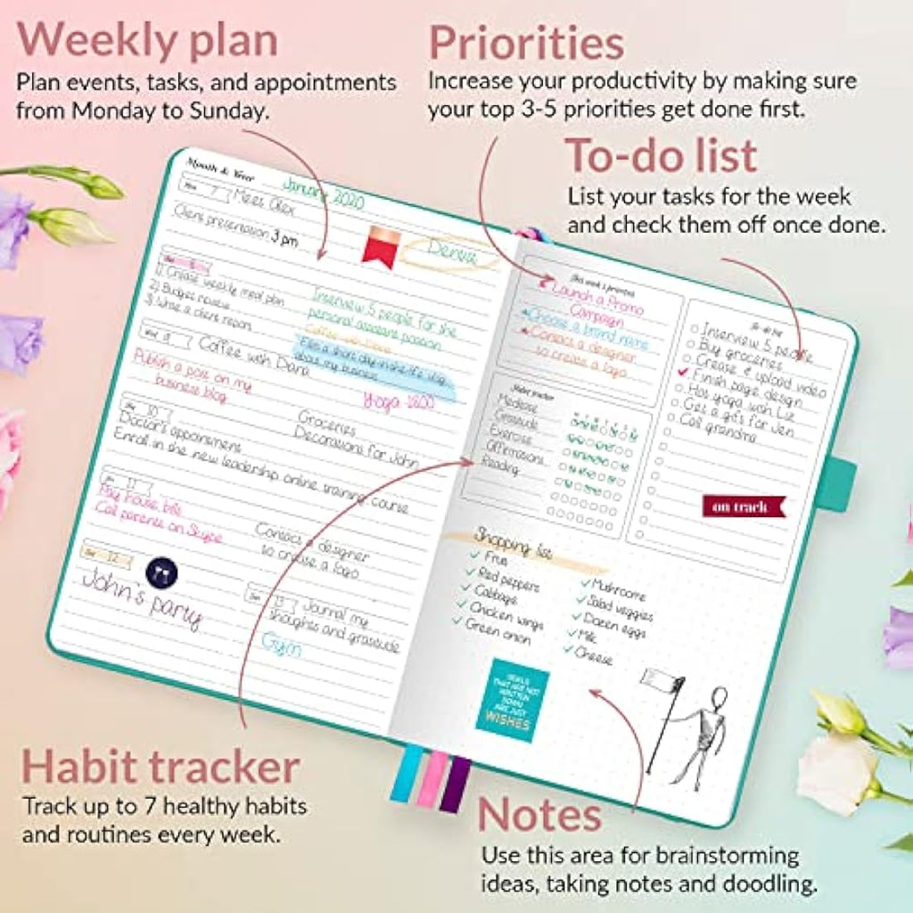 GoGirl Undated A5 Weekly Planner – Eco-Leather Goal Organizer, Turquoise