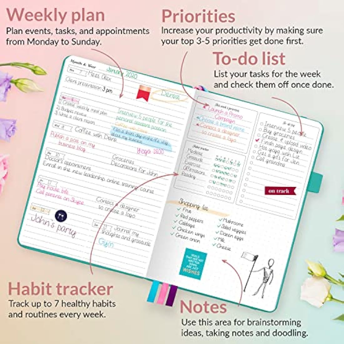 GoGirl Undated A5 Weekly Planner – Eco-Leather Goal Organizer, Turquoise