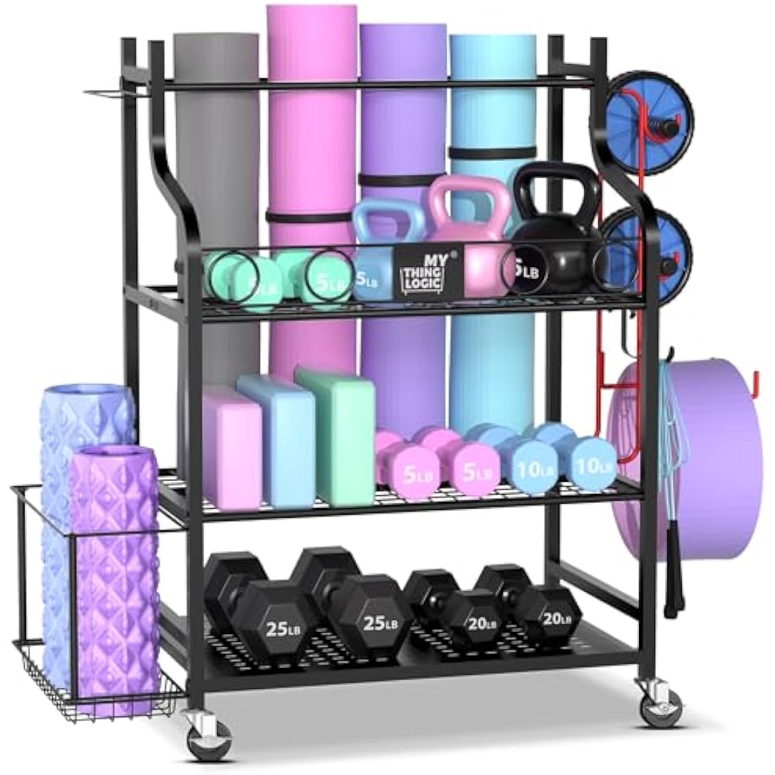 Mythinglogic Home Gym Storage Rack – Rolling Weight & Yoga Mat Organizer