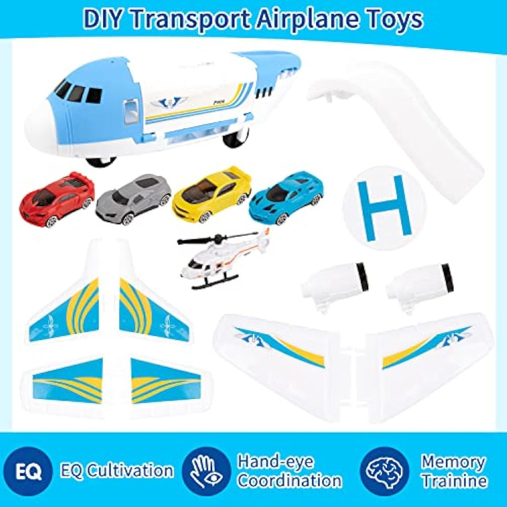 Transport Cargo Airplane Toy Set with 4 Cars and Helicopter